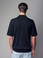 Black/White Regular Fit 100% Cotton Knit Vertical Stripe Quarter Zip Polo Shirt - Image 3 of 7