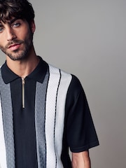 Black/White Regular Fit 100% Cotton Knit Vertical Stripe Quarter Zip Polo Shirt - Image 4 of 7