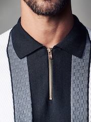 Black/White Regular Fit 100% Cotton Knit Vertical Stripe Quarter Zip Polo Shirt - Image 5 of 7