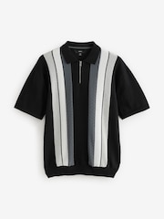Black/White Regular Fit 100% Cotton Knit Vertical Stripe Quarter Zip Polo Shirt - Image 6 of 7