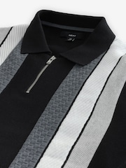 Black/White Regular Fit 100% Cotton Knit Vertical Stripe Quarter Zip Polo Shirt - Image 7 of 7