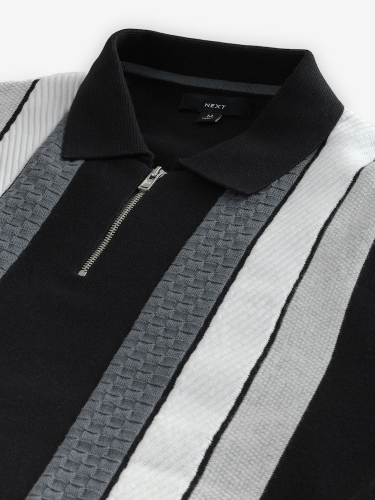 Negro/Blanco - Polo de punto a rayas verticales con cremallera de un cuarto 100 % algodón de corte estándar - Imagen 7 de 7 Negro/Blanco - Polo de punto a rayas verticales con cremallera de un cuarto 100 % algodón de corte estándar - Imagen 7 de 7