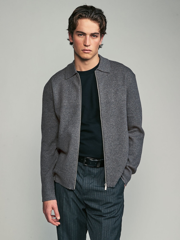 Charcoal Grey Regular Fit Cotton Rich Knit Zip-Through Shacket - Image 1 of 3