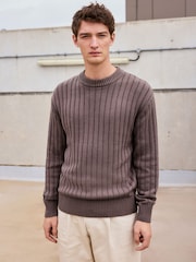 Grey Relaxed Fit Cotton Rich Washed Rib Crew Jumper - Image 1 of 7