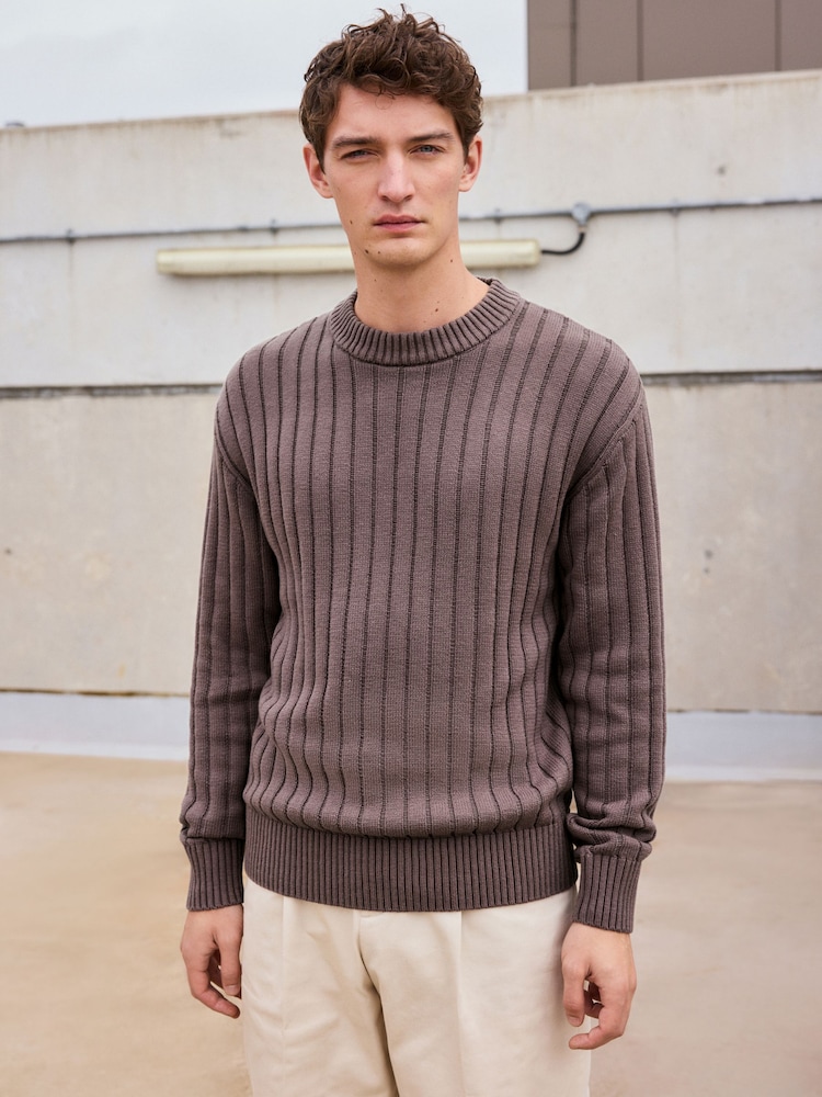 Grey Relaxed Fit Cotton Rich Washed Rib Crew Jumper - Image 1 of 7
