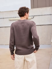 Grey Relaxed Fit Cotton Rich Washed Rib Crew Jumper - Image 3 of 7