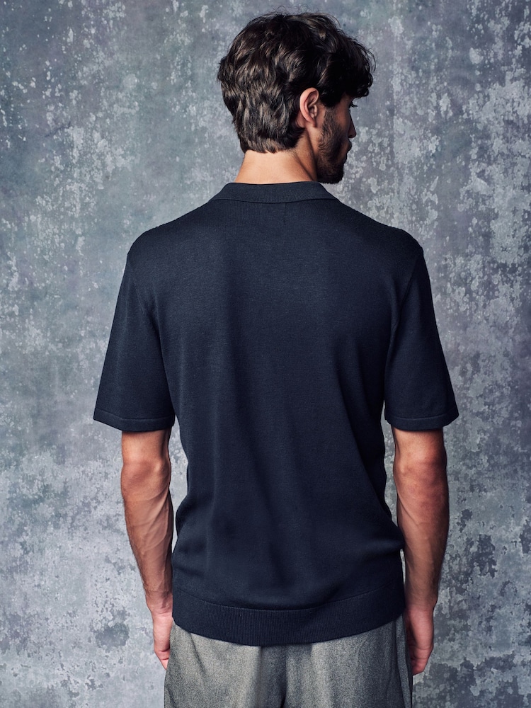 Navy Blue Regular Fit Textured Knit Quarter Zip Polo Shirt - Image 3 of 7