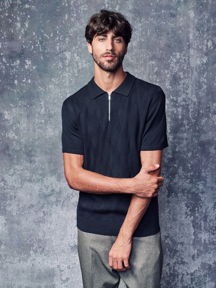 Navy Blue Regular Fit Textured Knit Quarter Zip Polo Shirt - Image 4 of 7