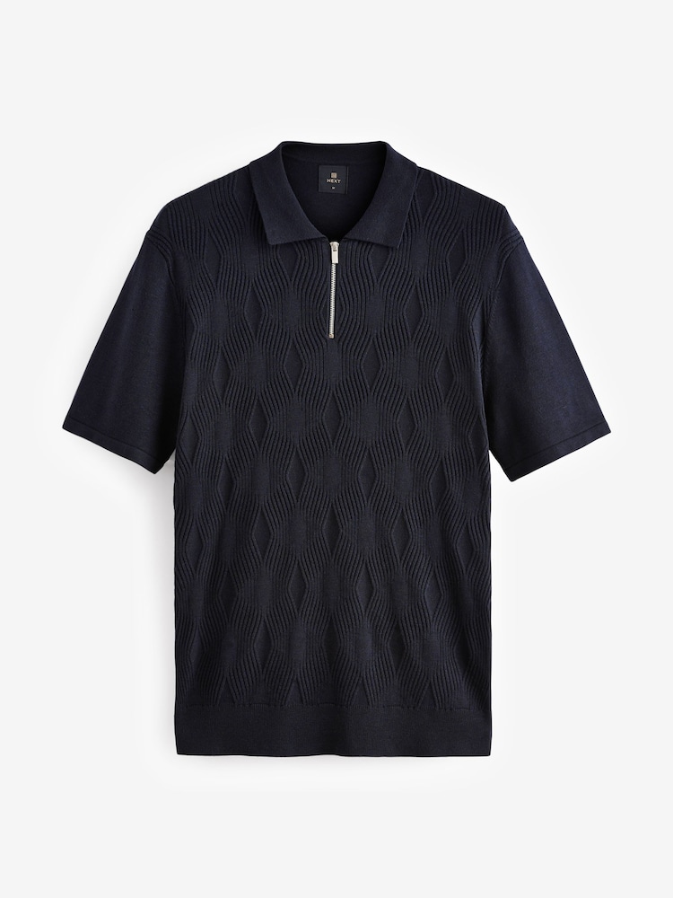 Navy Blue Regular Fit Textured Knit Quarter Zip Polo Shirt - Image 5 of 7