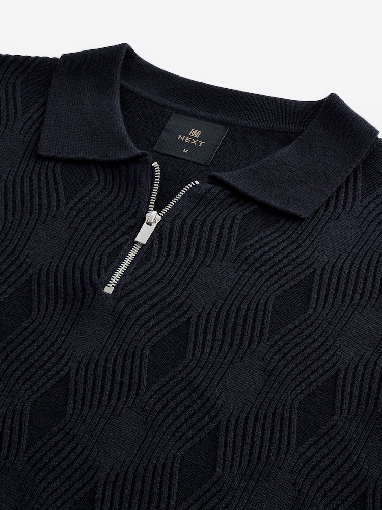 Navy Blue Regular Fit Textured Knit Quarter Zip Polo Shirt - Image 6 of 7