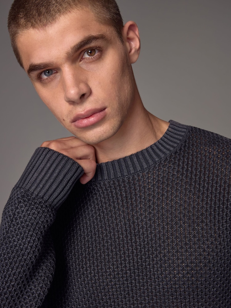 Charcoal Grey Relaxed Fit 100% Cotton Washed Crew Jumper - Image 1 of 6