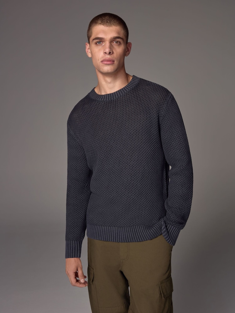 Charcoal Grey Relaxed Fit 100% Cotton Washed Crew Jumper - Image 2 of 6