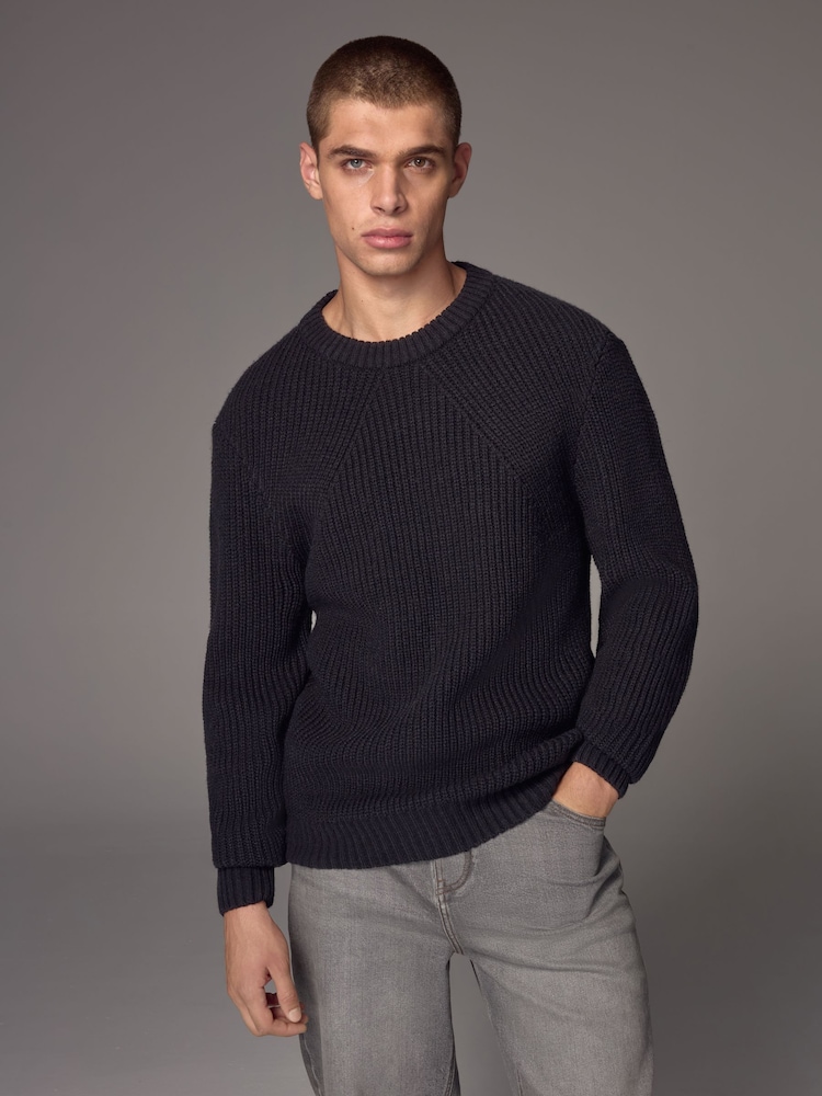 Black Crew Neck Regular Fit Rib Texture Jumper with Wool - Image 1 of 7 Black Crew Neck Regular Fit Rib Texture Jumper with Wool - Image 1 of 7