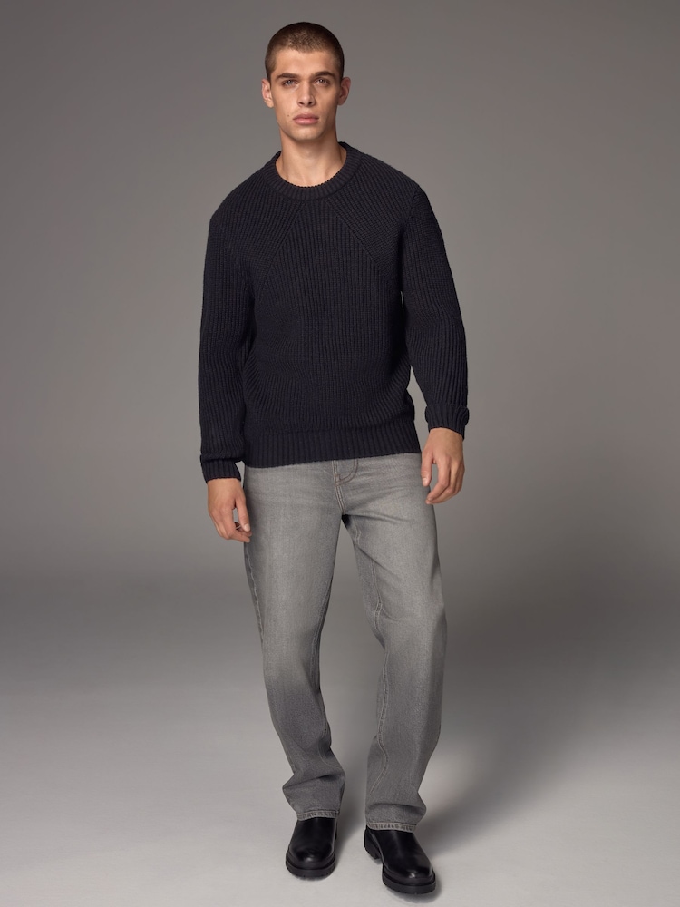Black Crew Neck Regular Fit Rib Texture Jumper with Wool - Image 2 of 7 Black Crew Neck Regular Fit Rib Texture Jumper with Wool - Image 2 of 7