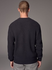 Black Crew Neck Regular Fit Rib Texture Jumper with Wool - Image 3 of 7