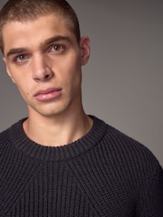 Black Crew Neck Regular Fit Rib Texture Jumper with Wool - Image 4 of 7