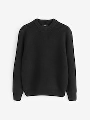 Black Crew Neck Regular Fit Rib Texture Jumper with Wool - Image 5 of 7