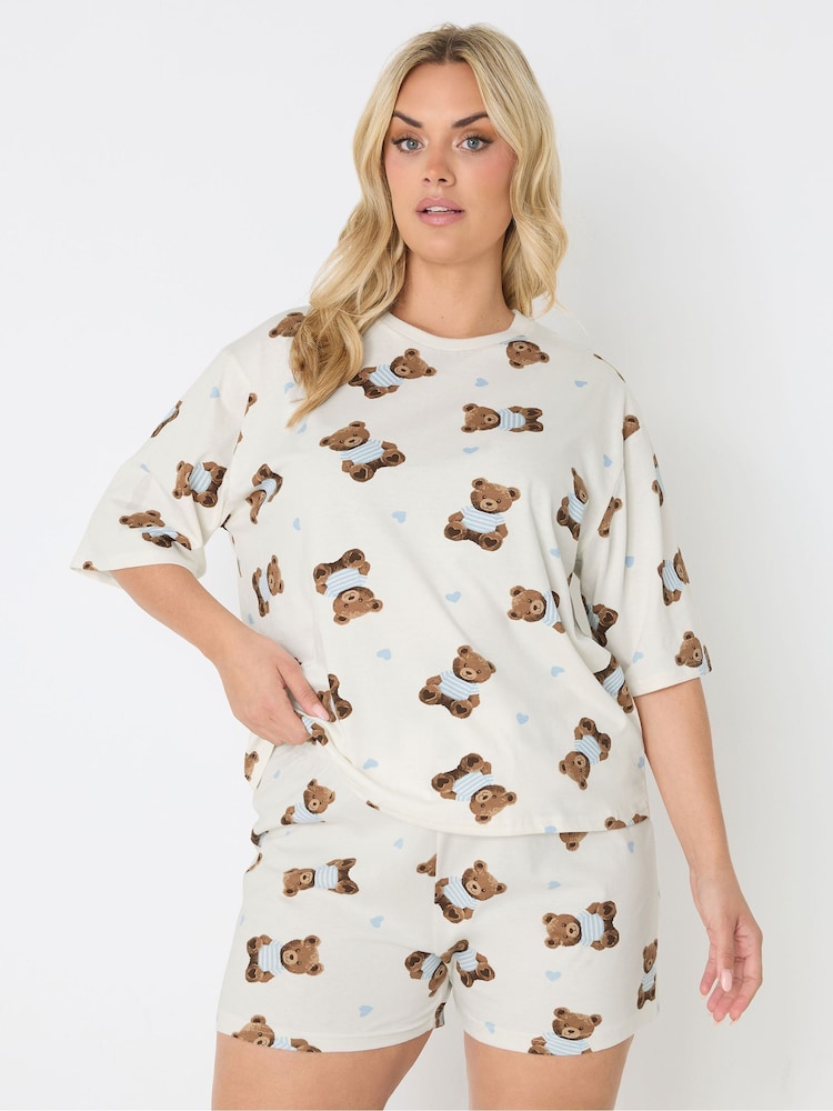 Yours Curve Cream Teddy Sleep T-Shirt & Shorts Set - Image 2 of 6