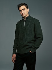 Dark Green Regular Fit Cotton Rich Cable Knit Quarter Zip Jumper - Image 1 of 7