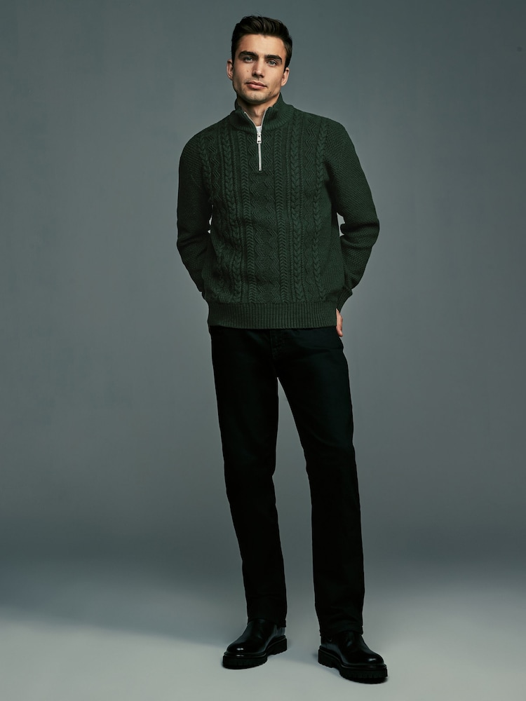 Dark Green Regular Fit Cotton Rich Cable Knit Quarter Zip Jumper - Image 2 of 7