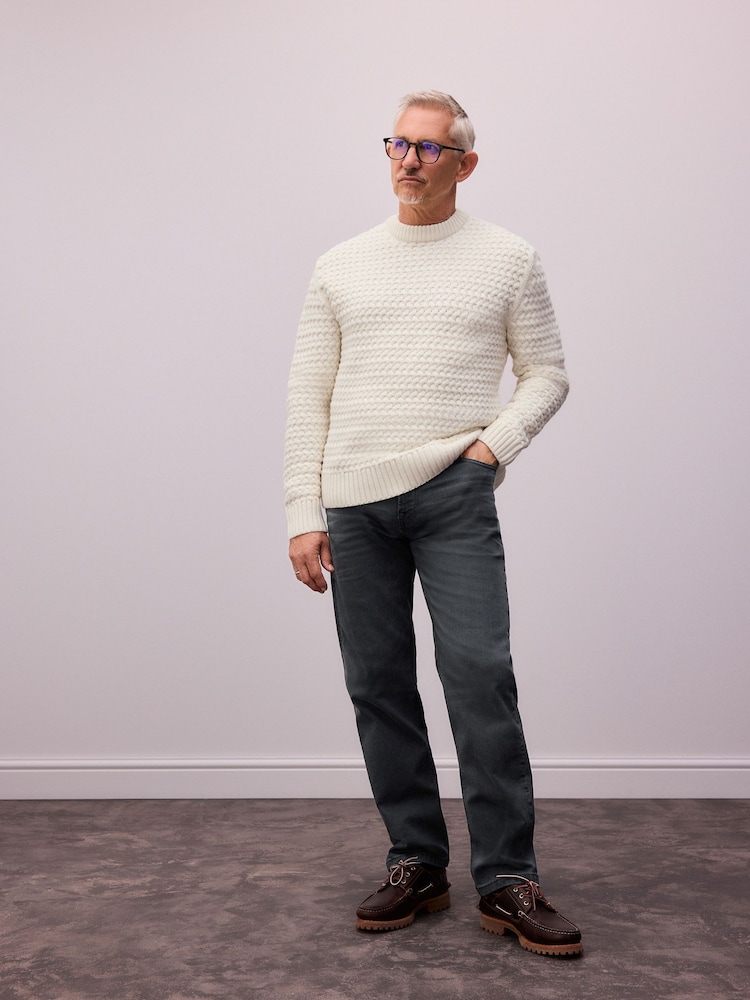 Ecru Relaxed Fit Chunky Texture Crew Jumper with Wool - Image 2 of 7