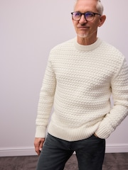 Ecru Relaxed Fit Chunky Texture Crew Jumper with Wool - Image 3 of 7