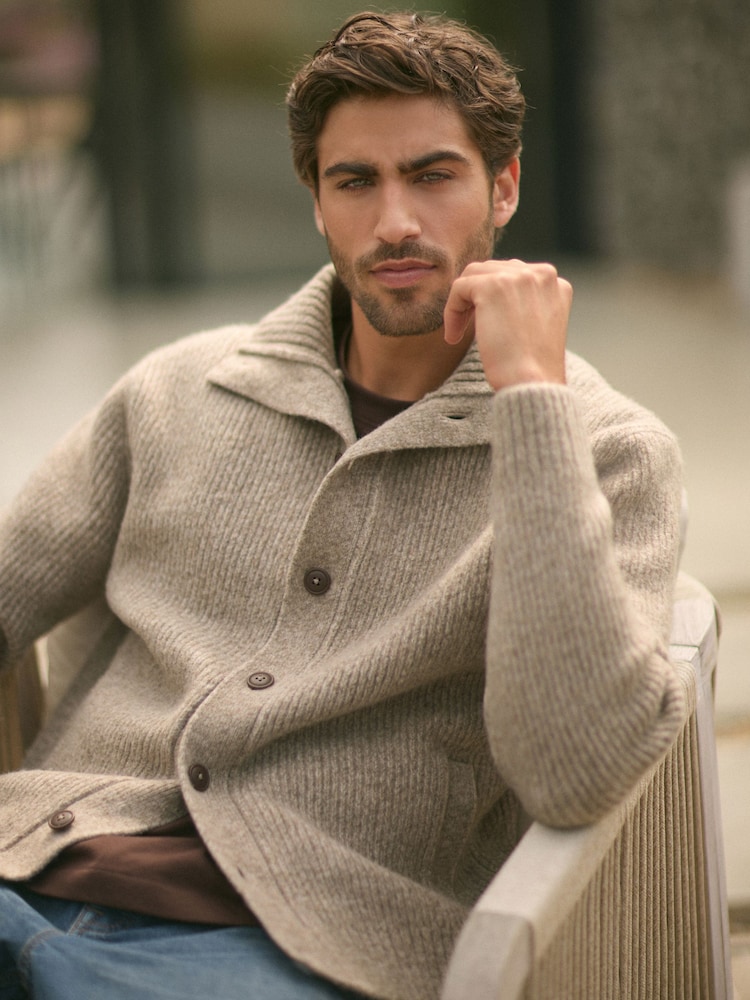 Nevtralno - Relaxed Fit Soft Touch z gumbi po celotni dolžini pulover with Wool - Slika 1 iz 7