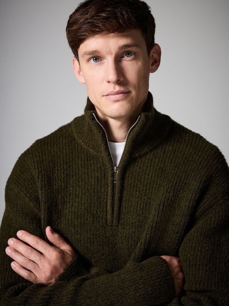 Olive Green Rib Relaxed Fit Premium Soft Touch Quarter Zip Jumper with Wool - Image 1 of 8