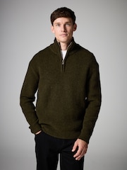 Olive Green Rib Relaxed Fit Premium Soft Touch Quarter Zip Jumper with Wool - Image 3 of 8