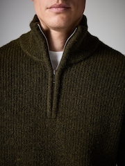 Olive Green Rib Relaxed Fit Premium Soft Touch Quarter Zip Jumper with Wool - Image 5 of 8