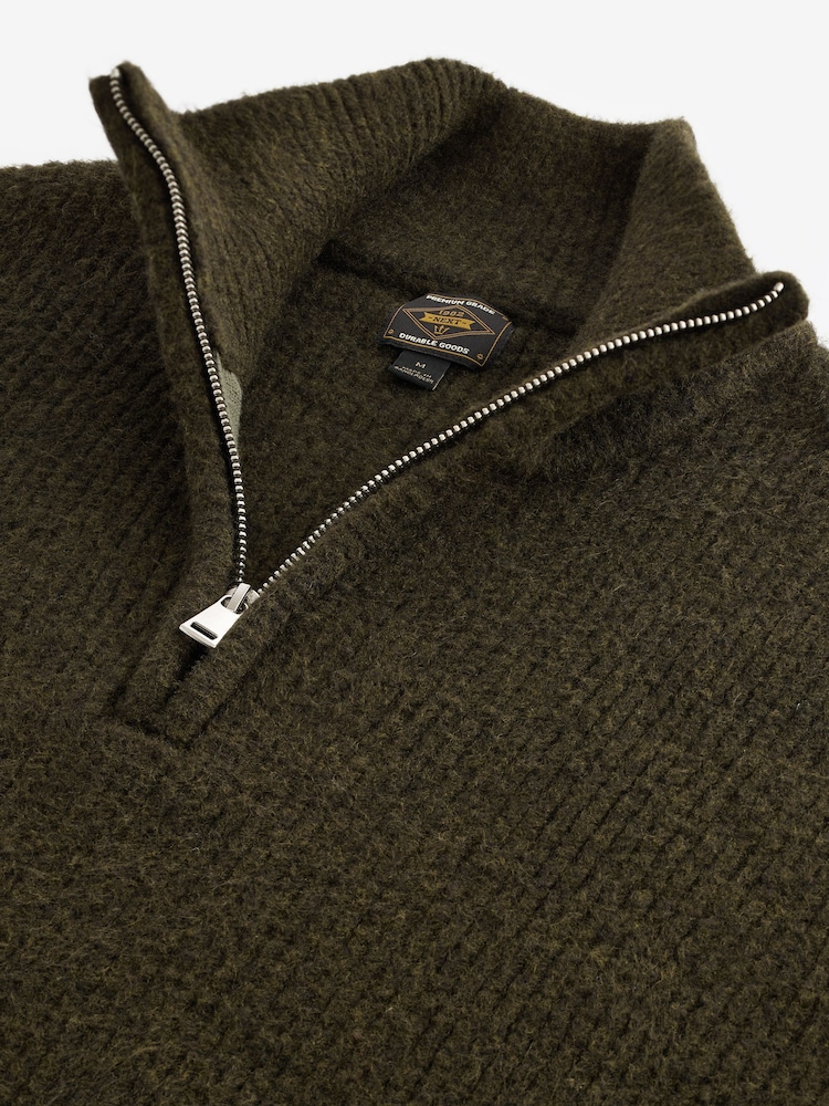 Olive Green Rib Relaxed Fit Premium Soft Touch Quarter Zip Jumper with Wool - Image 8 of 8