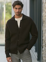 Brown Relaxed Fit Rib Knit Shacket with Wool - Image 1 of 9
