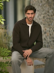 Brown Relaxed Fit Rib Knit Shacket with Wool - Image 2 of 9