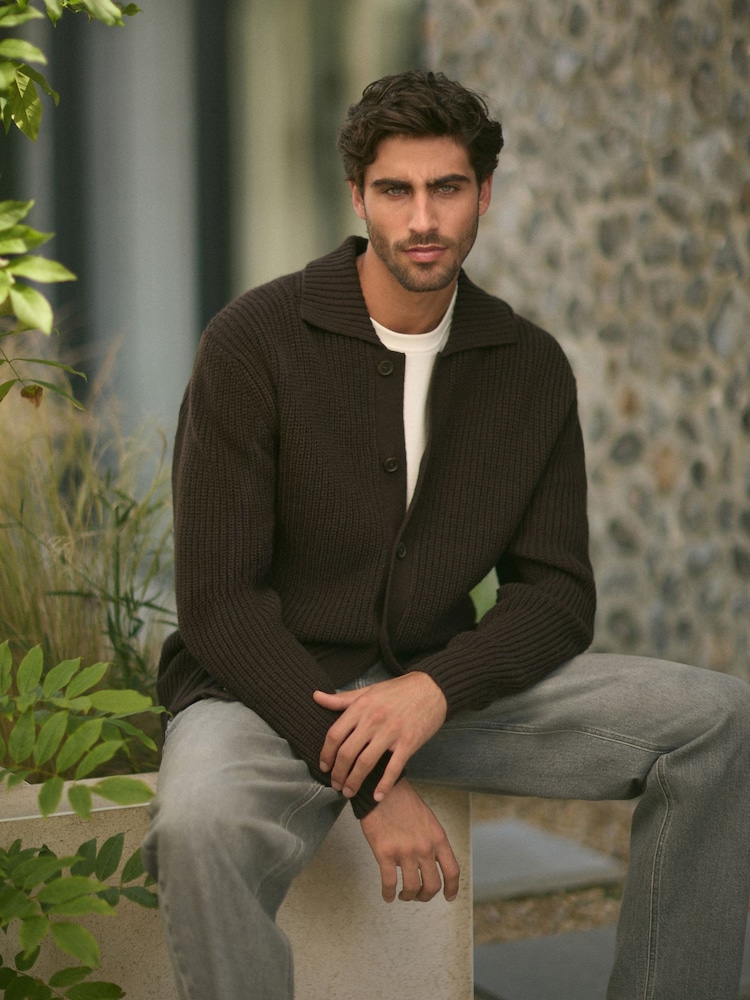 Brown Relaxed Fit Rib Knit Shacket with Wool - Image 2 of 9
