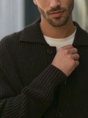 Brown Relaxed Fit Rib Knit Shacket with Wool - Image 4 of 9