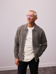 Brown Relaxed Fit Textured Knit Zip-Through Shacket with Wool - Image 1 of 10