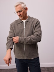 Brown Relaxed Fit Textured Knit Zip-Through Shacket with Wool - Image 2 of 10
