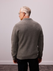 Brown Relaxed Fit Textured Knit Zip-Through Shacket with Wool - Image 3 of 10