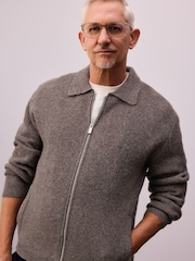 Brown Relaxed Fit Textured Knit Zip-Through Shacket with Wool - Image 4 of 10