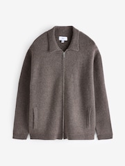 Brown Relaxed Fit Textured Knit Zip-Through Shacket with Wool - Image 8 of 10
