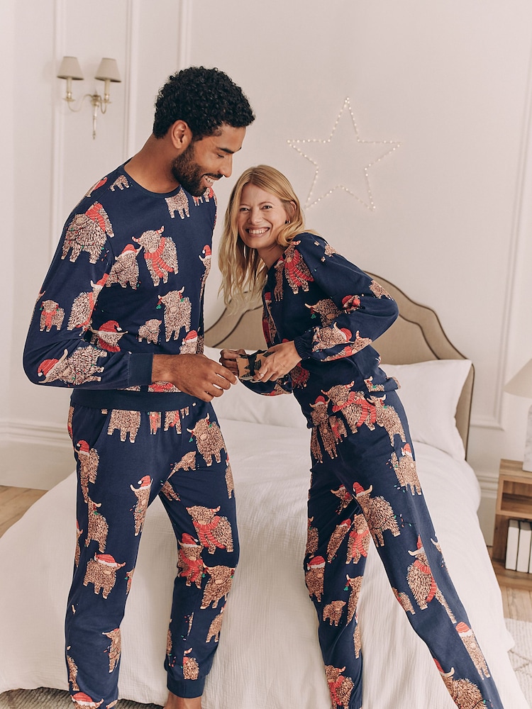 Navy Blue Matching Family Womens Christmas Hamish The Highland Cow 100% Cotton Pyjamas - Image 2 of 10