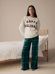 Grey/Green Womens 100% Cotton Matching Family Christmas Happy Holidays Pyjamas - Image 1 of 11