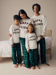 Grey/Green Womens 100% Cotton Matching Family Christmas Happy Holidays Pyjamas - Image 2 of 11