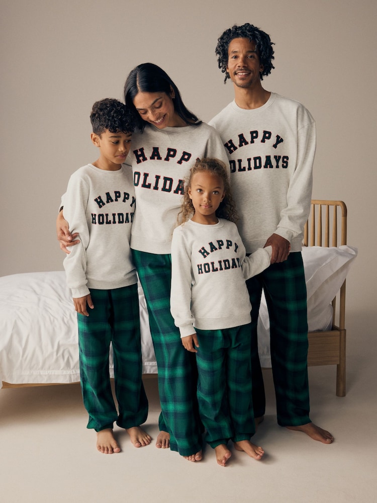 Grey/Green Womens 100% Cotton Matching Family Christmas Happy Holidays Pyjamas - Image 2 of 11