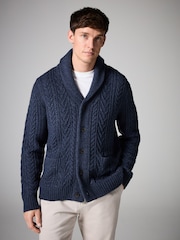 Navy Blue Texture Regular Fit Shawl Cable Knit Cardigan with Wool - Image 1 of 7