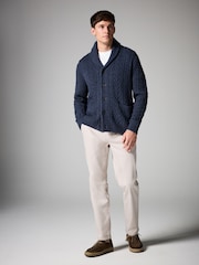 Navy Blue Texture Regular Fit Shawl Cable Knit Cardigan with Wool - Image 2 of 7
