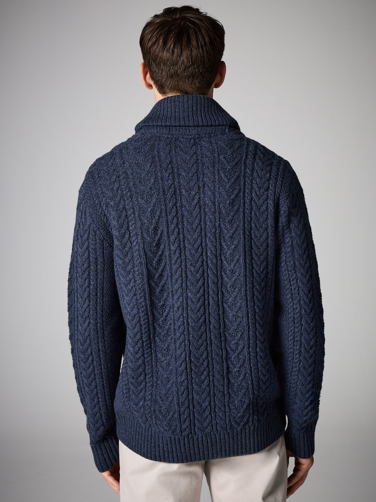 Navy Blue Texture Regular Fit Shawl Cable Knit Cardigan with Wool - Image 3 of 7