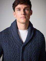 Navy Blue Texture Regular Fit Shawl Cable Knit Cardigan with Wool - Image 4 of 7