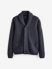 Navy Blue Texture Regular Fit Shawl Cable Knit Cardigan with Wool - Image 5 of 7