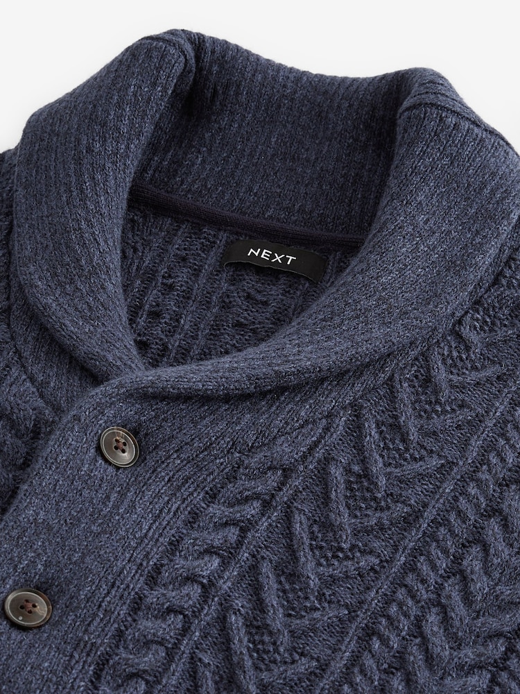 Navy Blue Texture Regular Fit Shawl Cable Knit Cardigan with Wool - Image 6 of 7